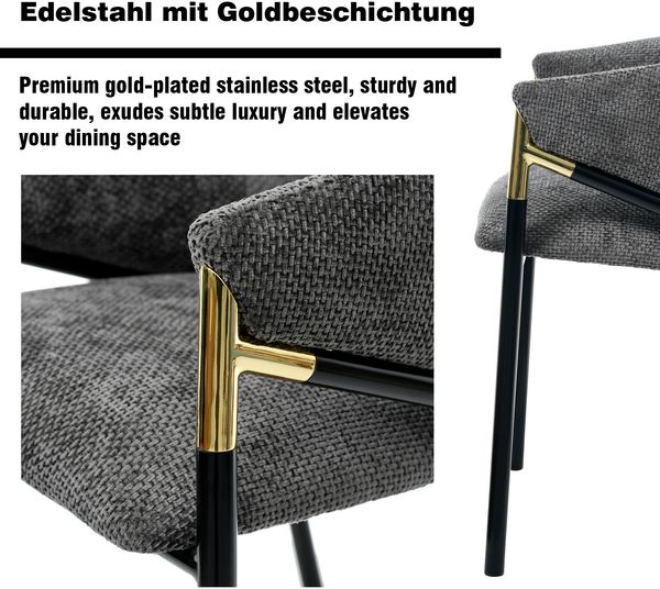 Merax Esszimmerstühle, (Set, 4 St), 4er Set Polsterstühle, bequem und atmungsaktiv, Chenil, Handläufe aus goldfarbenem Edelstahl, grau Bild 7