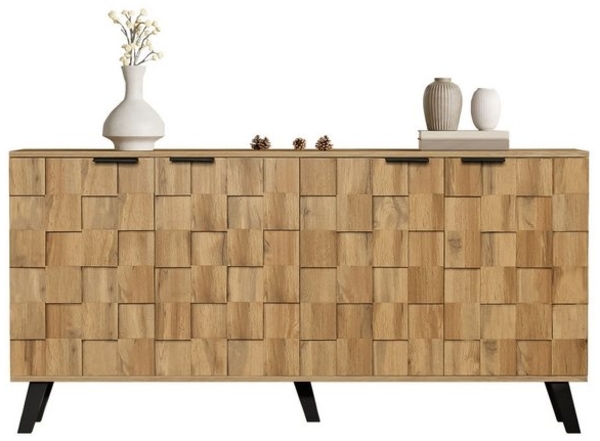 MODFU Sideboard mit quadratische, strukturierte Oberfläche (Kommode, Anrichte, Wohnzimmerschrank, Highboard, 1 St, 4 Türen), Mit Verstellbare Einlegeböden Bild 4