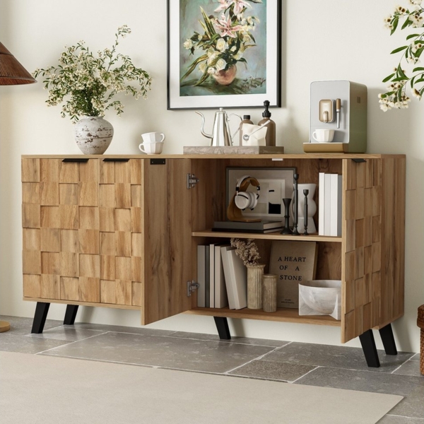 MODFU Sideboard mit quadratische, strukturierte Oberfläche (Kommode, Anrichte, Wohnzimmerschrank, Highboard, 1 St, 4 Türen), Mit Verstellbare Einlegeböden Bild 3