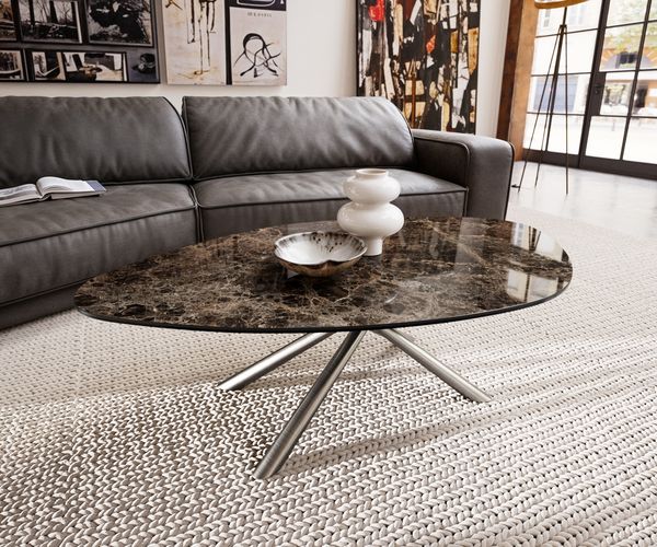 Couchtisch Edge Organisch 140x76 cm Keramik Emperador Extra Lucidato Dunkelbraun Sarity Edelstahl gebürstet