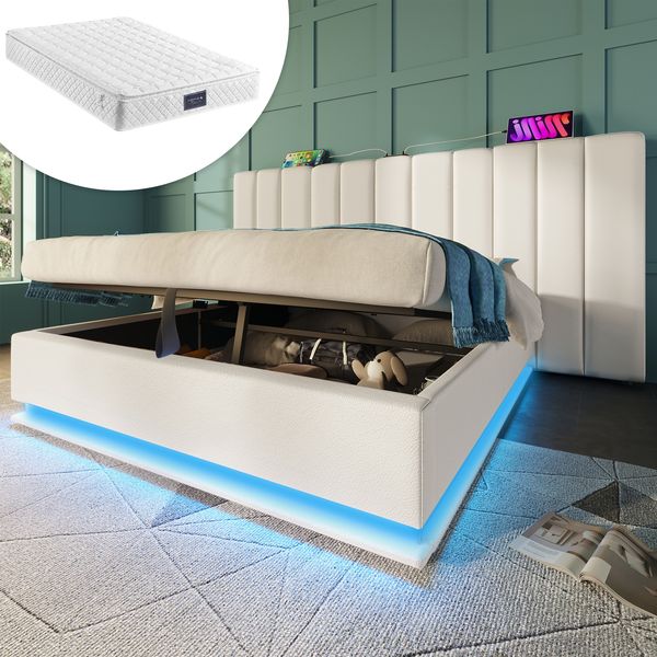Polsterbett PU mit Stauraum, LED & USB-Anschluss, 160x200 cm, Weiß, mit Matratze