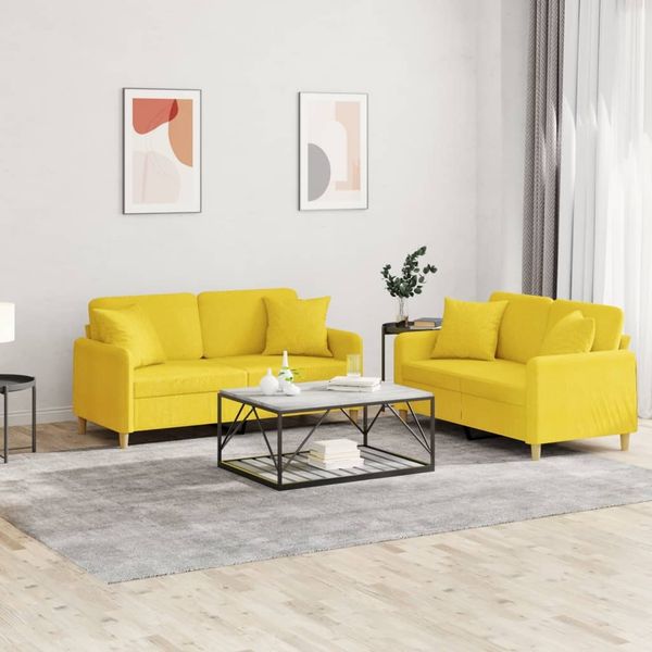 vidaXL 2-tlg. Sofagarnitur mit Kissen Hellgelb Stoff 3202107