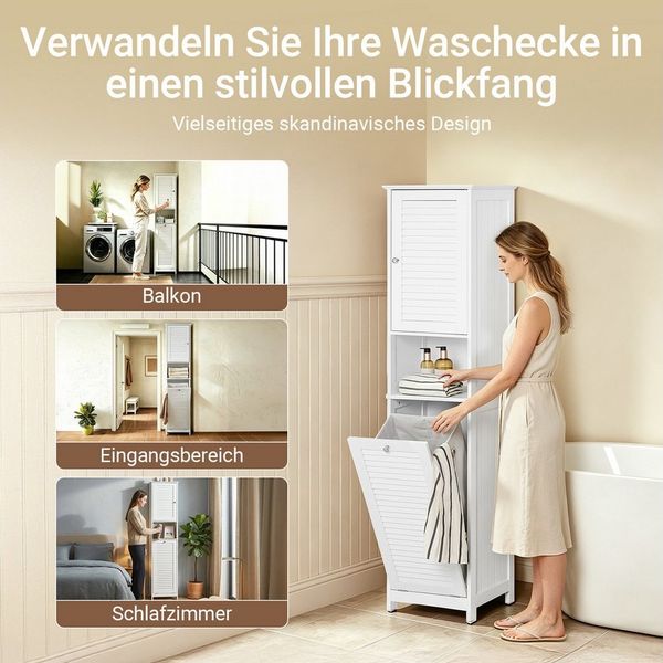 SoBuy Hochschrank BZR124, Badschrank schmal, Badschrank mit Regal, Badezimmer Schrank Badezimmerschrank mit Wäschesack Wäscheschrank Badezimmermöbel