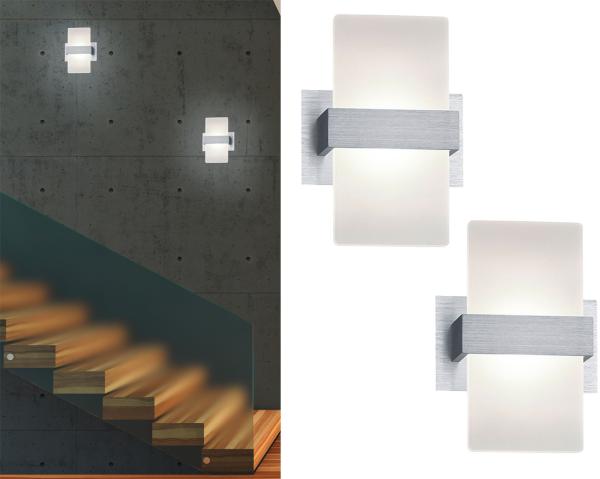 LED Wandleuchte mit Schalter, 2er SET Alu gebürstet mit Acrylglasblende, H: 18cm