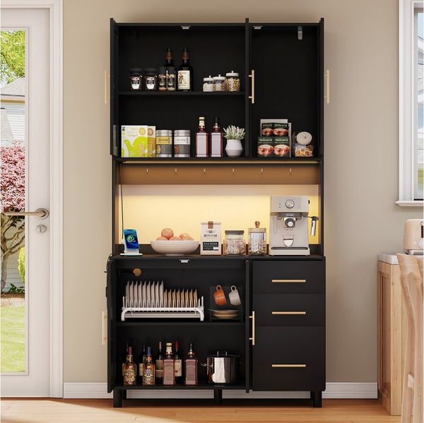 Flieks Küchenbuffet mit LED-Beleuchtung, Steckdosen und Haken (Buffet mit Rattantüren und Schubladen, 1-St, B100/T40/H183 cm) Hochschrank Küchenschrank Geschirrschrank mit verstellbare Ablagen