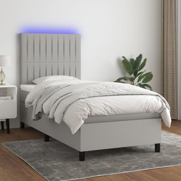 Boxspringbett mit Matratze & LED Stoff Hellgrau 90 x 200 cm, Härtegrad: H2 [3135005]