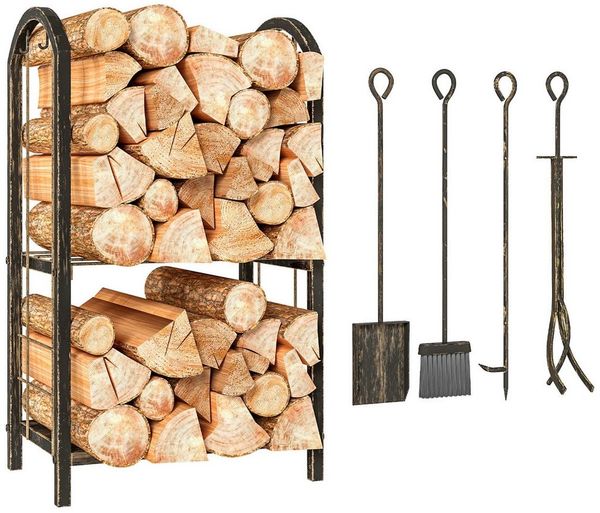Outsunny Kaminholzregal Brennholz-Ständer, BxTxH:43x30x74 cm, (2 Regale, 1-St, 4 Kaminwerkzeuge), Metallrahmen, Kaffee-Braun