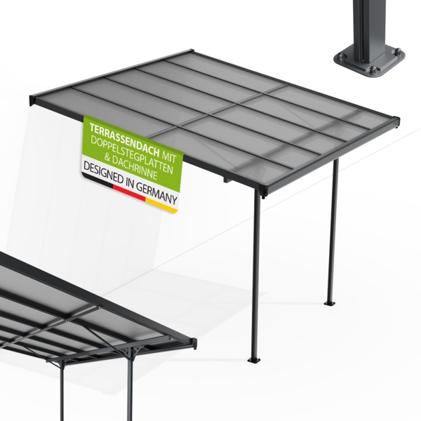 Juskys Terrassenüberdachung Borneo 3x3 m – Aluminium Terrassendach mit Doppelstegplatten Sonnenschutz Wandmontage Überdachung für Terrassen Anthrazit