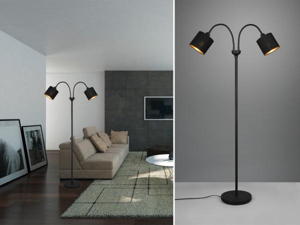 LED Stehleuchte 2 flammig, Stoffschirme Schwarz Gold, Höhe 130cm