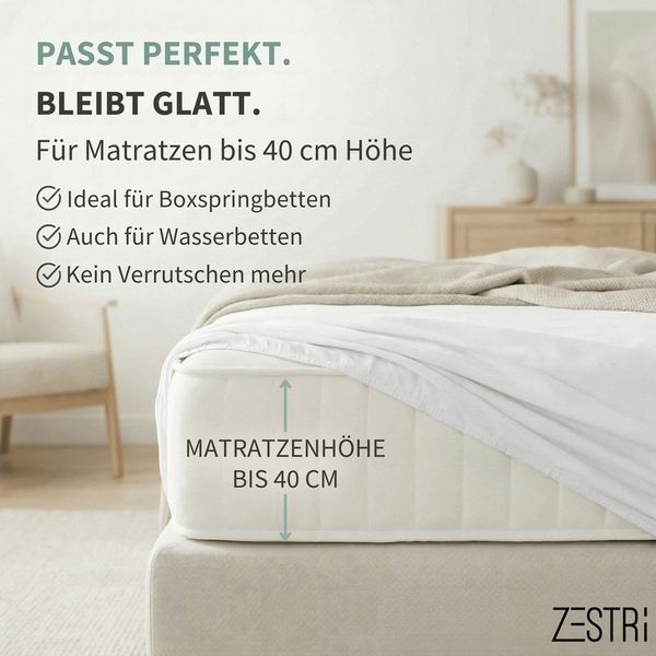 Zestri Spannbettlaken für Boxspringbetten & Wasserbetten 140x200 160x200 180x200 200x200, Gummizug: rundum, bis 40cm Steghöhe, Baumwolle mit Elasthan, Bettlaken Laken
