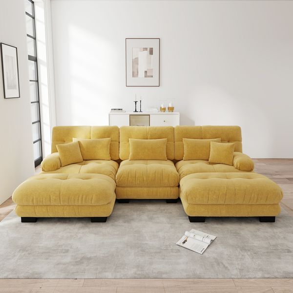 Ecksofa modular in Gelb, Chenille-Bezug mit tiefem Sitz und beweglichen Ottomans,81 x 313 x 145 cm