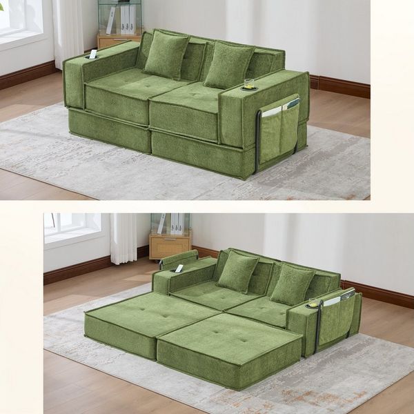 Odikalo 2-Sitzer Schlafsofa Sofa mit schlaffunktion, mit zwei Kissen,mit seitlichem Stauraum und Getränkehaltern
