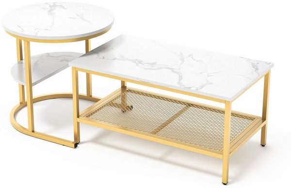 Gdood Couchtisch Kaffeetisch Beistelltisch Satztische 2er Set, Große Werbung (2-St, 80 x 46 x 41 cm+Ø52x51 cm), Mit Marmormuster Tischplatte,Quadrat + Rund