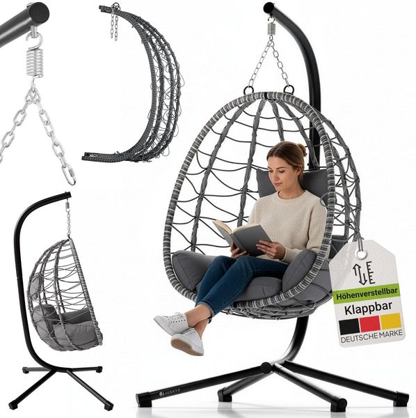 Juskys 'Aria' Hängesessel mit Kissen, höhenverstellbar & faltbar, Polyrattan dunkelgrau, bis 130 kg belastbar