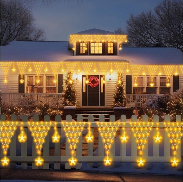 Merry 2024 LED-Lichterkette LED Lichtervorhang Sterne,LED-Weihnachtslichterkette,Weihnachtsdeko, Weihnachtsbeleuchtung, 8 Modi,mit 12 funkelnden Sternentropfen Bild 1