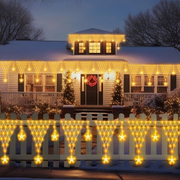 Merry 2024 LED-Lichterkette LED Lichtervorhang Sterne,LED-Weihnachtslichterkette,Weihnachtsdeko, Weihnachtsbeleuchtung, 8 Modi,mit 12 funkelnden Sternentropfen Bild 4