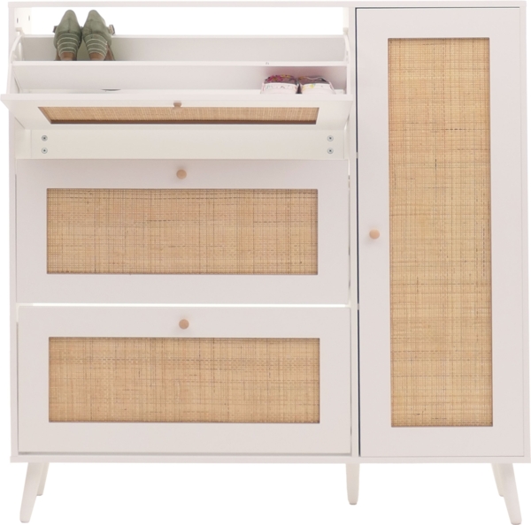 Rattan-Schuhkipper HWC-M37, Schuhregal Schuhschrank, 3 Kippfächer 2 Regalböden 127x120x24cm Holz Melamin ~ weiß