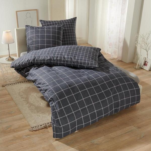 TRAUMSCHLAF Bettwäsche Karo anthrazit, Flanell, 3 teilig, hochwertige Flanell Qualität
