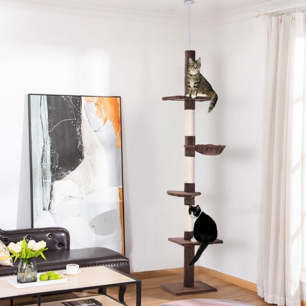 PawHut Kratzbaum Deckenhoch höhenverstellbar, Katzenbaum mit Sisalsäulen, für Garten, Balkon, Braun