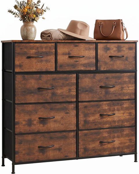 DUMOS Kommode mit Schubladen - Kommoden & Sideboards für Schlafzimmer Geeignet, Komodenschrank mit 9 Schubladen, Stoffkommode mit Stahlrahmen, Schrank Klein, Ideal für Flur, Wohnzimmer (Vintagebraun)