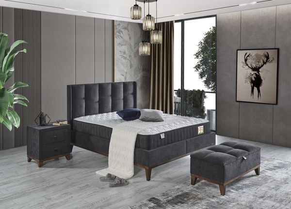 Schlafzimmer-Set "Rina" – Bett mit Bettkasten und Matratze , Nachttisch, Bettbank-Anthrazit