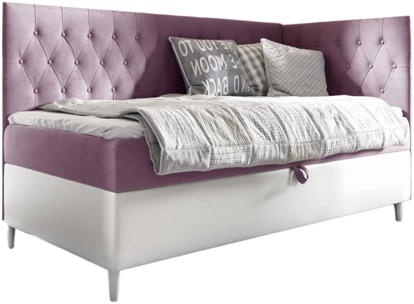 MEBLINI Kinderbett mit Bettkasten FILIPPO 3 80x200 Rechts – H3/Lila Samt Gepolstert Einzelbett mit Matratze - Polsterbett mit Stauraum - Bett mit Kopfteil – Stauraumbett