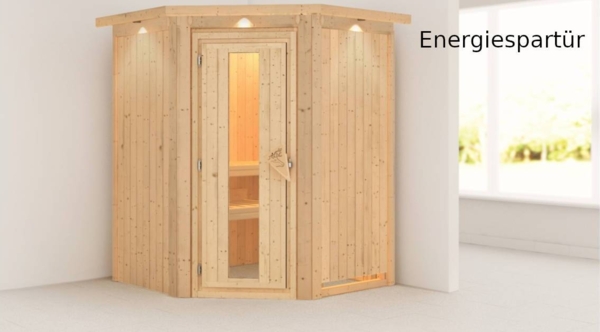Karibu Sauna Larin mit Dachkranz + 9kW Saunaofen mit integrierter Steuerung Klarglas Ganzglastür Bild 4
