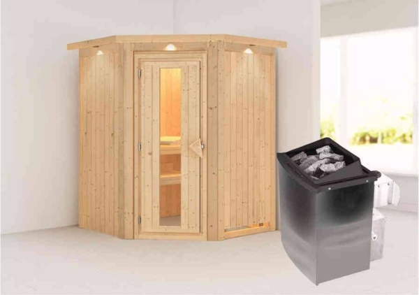 Karibu Sauna Larin mit Dachkranz + 9kW Saunaofen mit integrierter Steuerung Klarglas Ganzglastür Bild 2