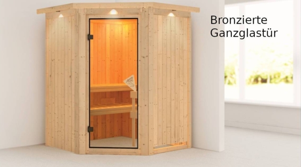 Karibu Sauna Larin mit Dachkranz + 9kW Saunaofen mit integrierter Steuerung Klarglas Ganzglastür Bild 5