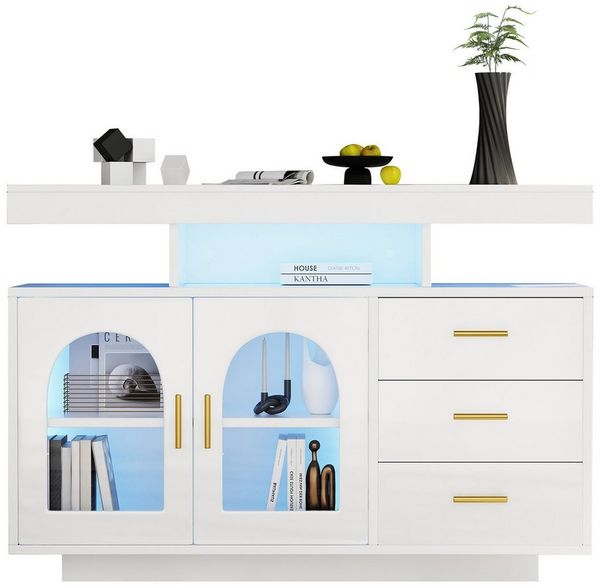 Merax Sideboard mit Hochglanzfront, Kommode mit 3 Schubladen und 2 Türen,inkl. LED,Buffet,Anrichte