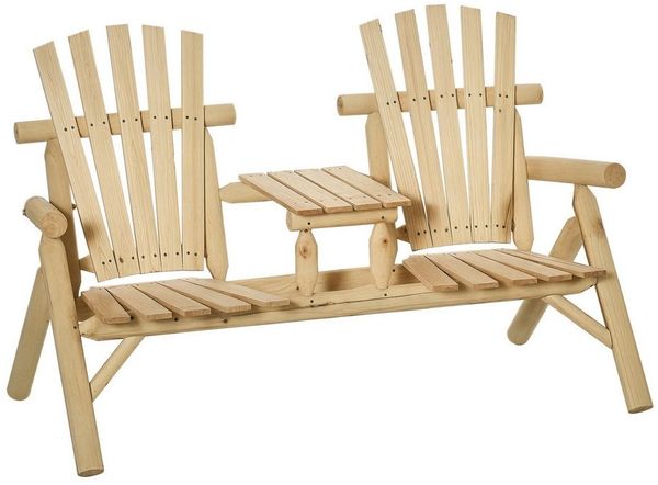 Outsunny Gartenstuhl 2-Sitzer Bank mit Tisch, bis 150 kg pro Sitz (Holzbank, 1 St), für Garten, Naturholz