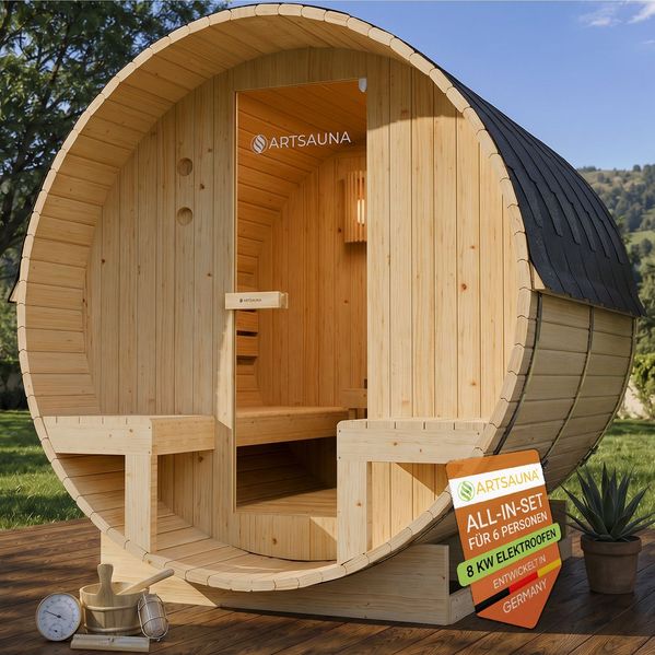 Artsauna Outdoor Fasssauna Spitzbergen 220 für 6 Personen und zwei Bänken - 8 kW Ofen, Saunasteine & Zubehör - Saunafass aus Fichtenholz - Außensauna Gartensauna