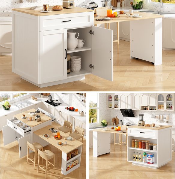 Ausziehbarer Stehtisch mit Stauraum (133-202×70×93,5cm), mit 2 Schublade und 2 Fächern, Kücheninsel-Ausziehtisch für 2-6 Personen, Küchen-Esswagen mit Seitenablagen, weiß