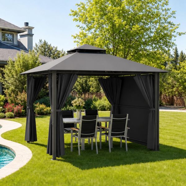 JUMMICO Garten pavillon 3x3 m, erweiterbar auf 3x4,8 m, mit Verstellbarer Markise, ideal für Garten und Terrasse, zum Entspannen, Grillen und Feiern, mit vierseitigem Stoffbesatz, Dunkelgrau