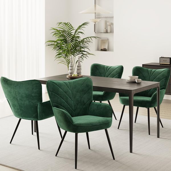 COLAMY Esszimmerstühle mit Armlehnen 4er Set, Stühle Esszimmer mit Rückenlehne, Polsternder Küchenstühle Gepolstert mit Wingback, Dining Chairs mit Holzbeinen für Esszimmer, Küche, Restaurant, Grün