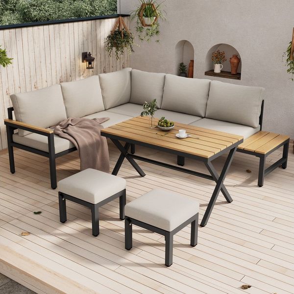 OKWISH Gartenlounge-Set Garten-Loungestuhl-Set, Garten-Essgruppe, (Gartenmöbel-Set, Outdoor-Sofa-Set, Balkonset, 6-tlg, Ecksofa, 2 Hocker, Esstisch), Kunststoff-Holz-Tischplatte mit Ablagen, verzinkter Stahl