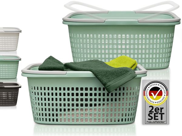 Hausfelder Wäschekorb Wäschewanne 58x37x25cm (Jadegrün, 2 Körbe, 35 l) (Set, 2 St, 2 x Wäschekorb), mit klappbaren Henkeln, mit Griffen, 35 Liter