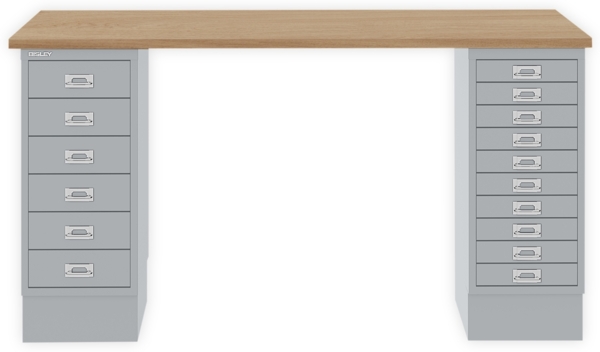 MultiDesk, 1 MultiDrawer mit 10 Schüben, 1 MultiDrawer mit 6 Schüben, Dekor natürliche Eiche, Farbe Silber, Maße: H 740 x B 1400 x T 600 mm