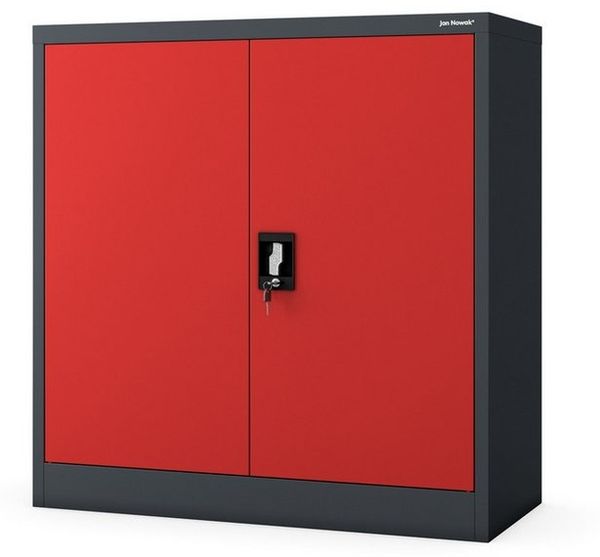 Jan Nowak Kleiner Aktenschrank 'C001B' mit Flügeltüren und abschließbar, Pulverbeschichtet Stahlblech anthrazit/ rot, 92,5 x 90 x 40 cm