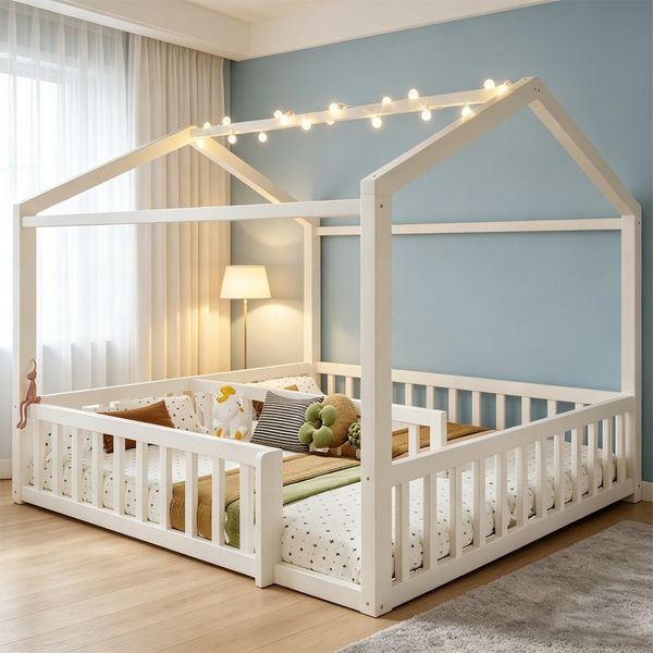 REDOM Kinderbett Holzbett Funktionsbett (mit LED & Sicherheitsgitter aus Kiefernholz, 90x190cm*2/180x190cm), Inklusive Matratze
