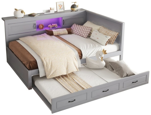 HAUSS SPOLE Schlafsofa 140x200 mit Beleuchtung, Staufach, Ausziehbares Bett, Steckdose, Grau, Schlafsofa,Tagesbett, mit Ambientebeleuchtung, Ausziehbar, USB + Steckdosen, Push-Pull-Staufach, ohne Matratze Bild 5