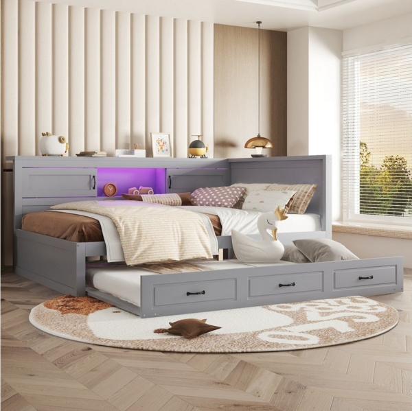 HAUSS SPOLE Schlafsofa 140x200 mit Beleuchtung, Staufach, Ausziehbares Bett, Steckdose, Grau, Schlafsofa,Tagesbett, mit Ambientebeleuchtung, Ausziehbar, USB + Steckdosen, Push-Pull-Staufach, ohne Matratze Bild 3