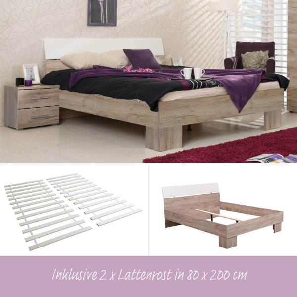 Homestyle4u Doppelbett, Bettgestell, Ehebett, Holzbett, Lattenrost, Gästebett, Eiche Grau, 160x200 cm