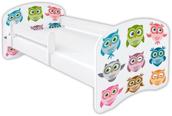 Clamaro 'Schlummerland 2021' Kinderbett 80x180 cm, Eulen, inkl. Lattenrost, Matratze und Rausfallschutz (ohne Schublade)