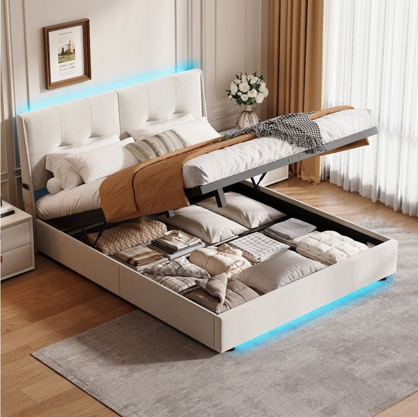 Furnishings Home Polsterbett Stauraumbett Doppelbett LED, Samtstoff (1-tlg, Hydraulisch hebbarer Stauraum), Mit LED-Beleuchtung, Bettkasten, Lattenrost, 140x200 cm