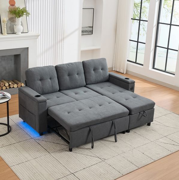 Schlafsofa mit Stauraum & LED, 208x146x89,5 cm, grau