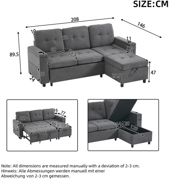 Schlafsofa mit Stauraum & LED, 208x146x89,5 cm, grau Bild 4