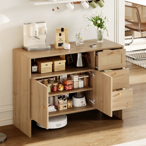 Merax Sideboard, Küchenschrank, Wohnzimmer mit 2 Türen und 3 Schubladen, Schubladenschrank mit Rattan & Goldgriffen, Buffetschrank Kommode für Küche, Holzfarbe