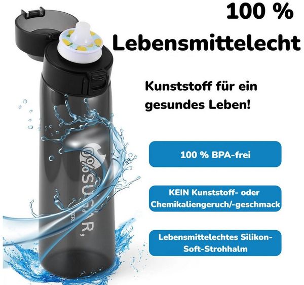 BlingBin Trinkflasche Luft Wasserflasche Sport mit 7 Pods Geschmackskapseln, 650ml, Trinkflasche Ideal zum Laufen und im Fitnessstudio, Schwarz