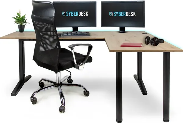 SyberDesk Gaming Eckschreibtisch V2 LED, 197 x 132 cm, RGB Gaming Tisch L-Form, USB-HUB, Kabelmanagement, Artisan-Eiche, (Rechts-Eichenstil)